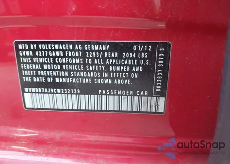 2012 Volkswagen Golf 2.5L 4-Door z USA, uszkodzony, nr VIN WVWDB7AJ9CW232139